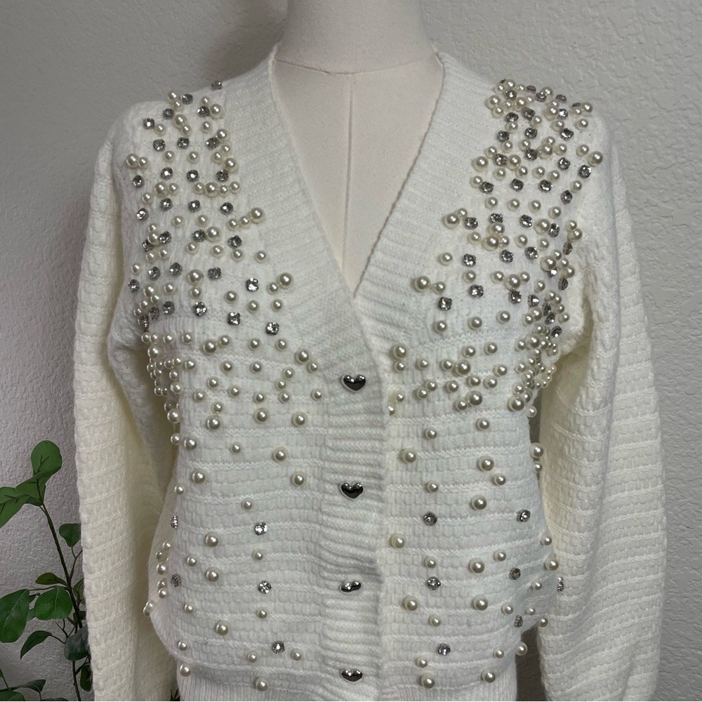 ON BLUE Pearl & Rhinestone Embellished Cardigan – Women’s Small